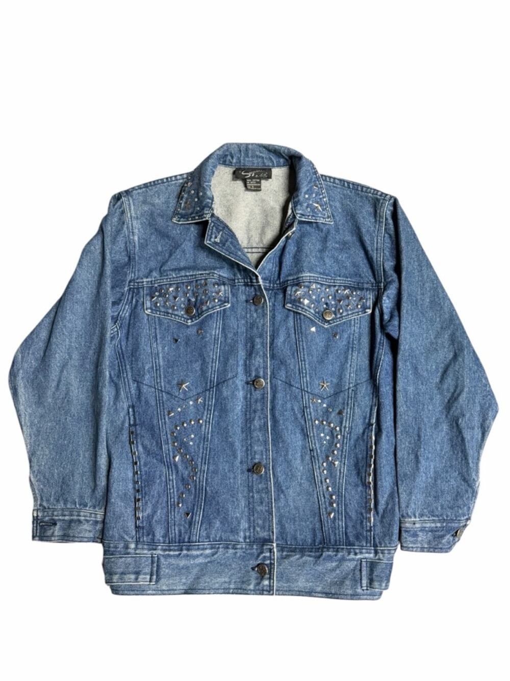 Y2K Studded Denim Jacket Western Cowgirl Star Embellished Oversized Size Small